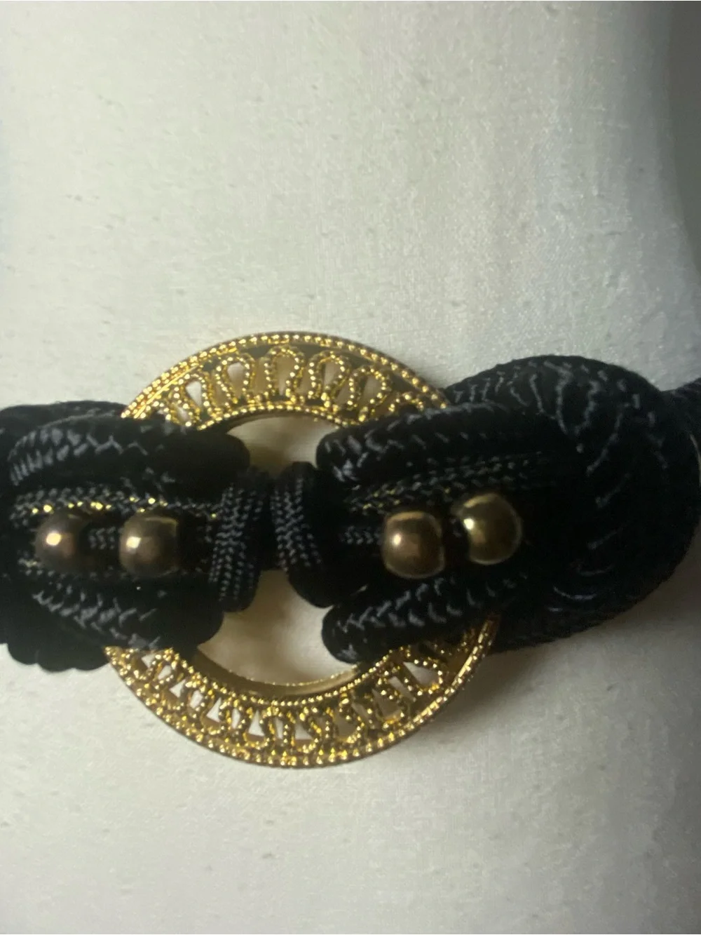 Vintage Whimsygoth Tribal Black Beaded Rope & Gold Hardware Stretch Belt Large